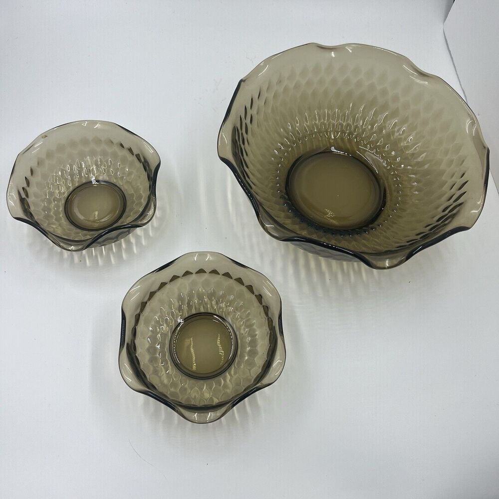 Vintage MCM Glass Serving Bowls, Ruffled, Raised Diamond Pattern, Brown